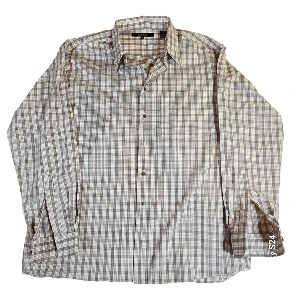 Bachrach Mens Plaid Long Sleeve Button Up‎ Shirt Brown Beige Large